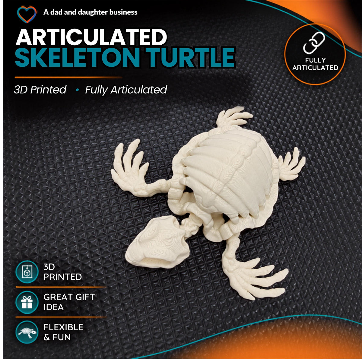 Articulated Skeleton Turtle – 3D Printed Flexible Fidget Toy | Poseable Turtle | Gothic Decor | Desk Companion | Unique Gift
