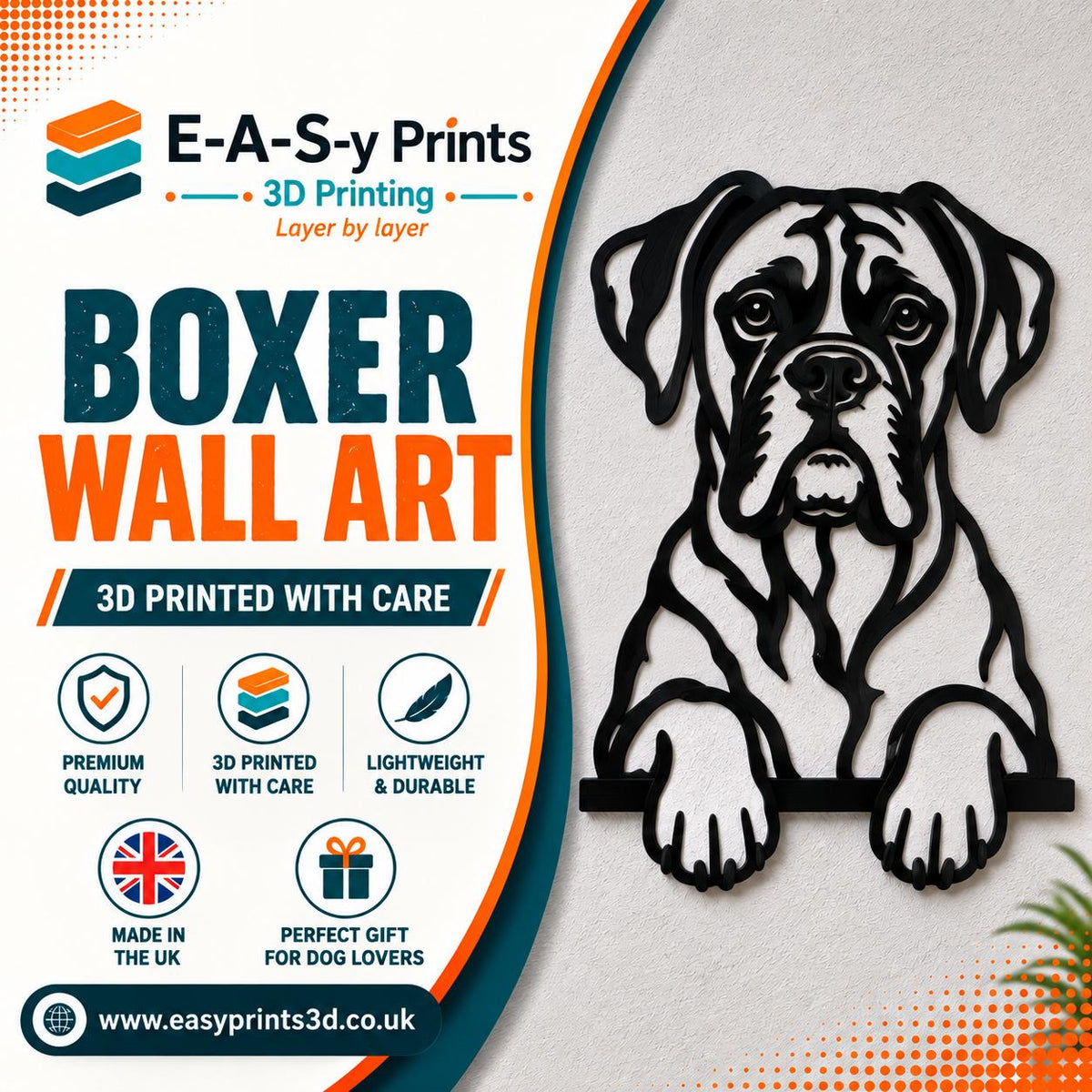 Boxer Dog Wall Art | 3D Printed PETG Silhouette, Indoor Outdoor Decor