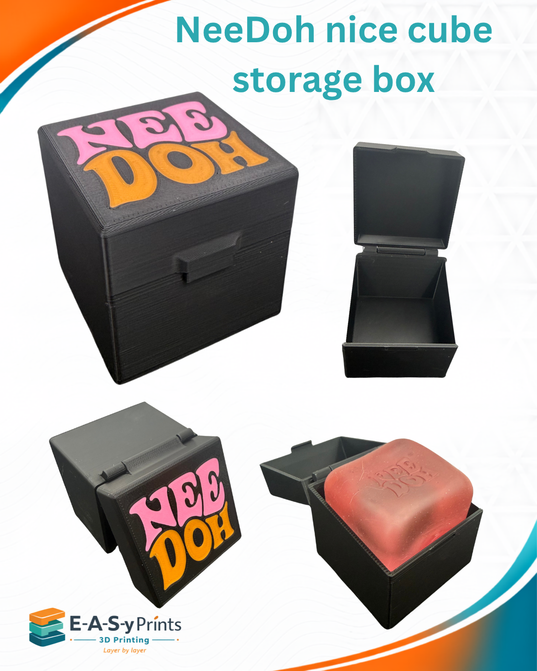 NeeDoh Nice Cube Storage Box | 3D Printed Fidget Toy Case | Protective Storage Holder | Hinged Cube Box