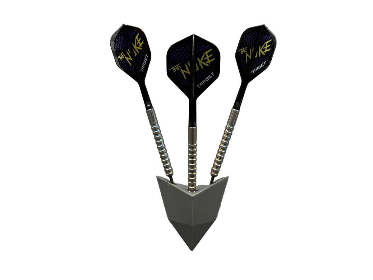 nuke darts in grey wall mount dart holder