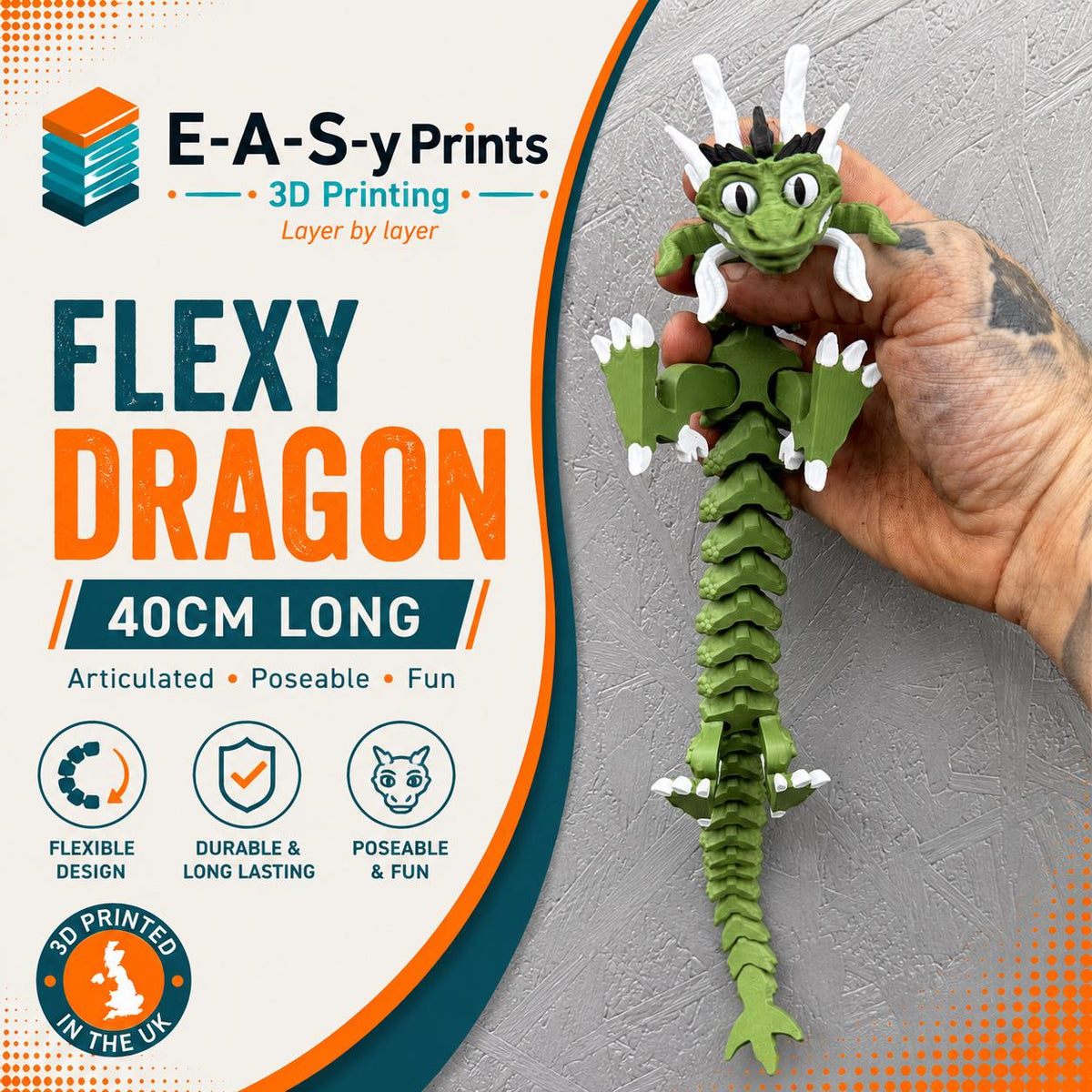 40cm Flexy Dragon | Articulated Dragon Toy | Flexible 3D Printed Dragon | Fidget Toy | Fantasy Gift | Dragon Desk Toy UK