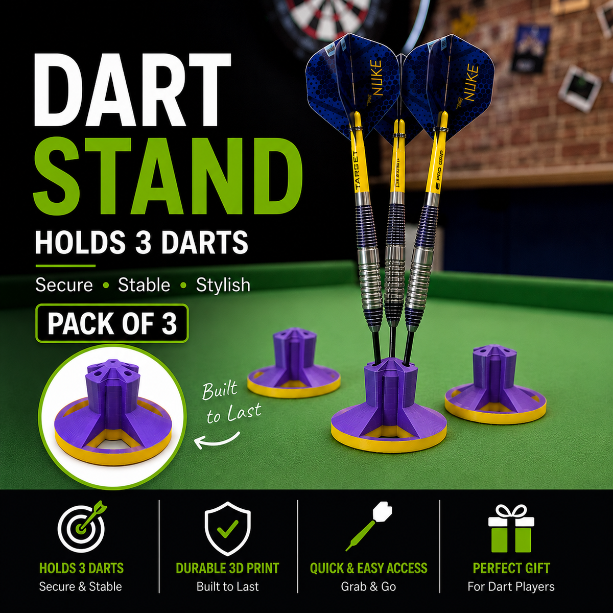 3D Printed Dart Stands – Luke Littler Inspired Purple Yellow Display Holders